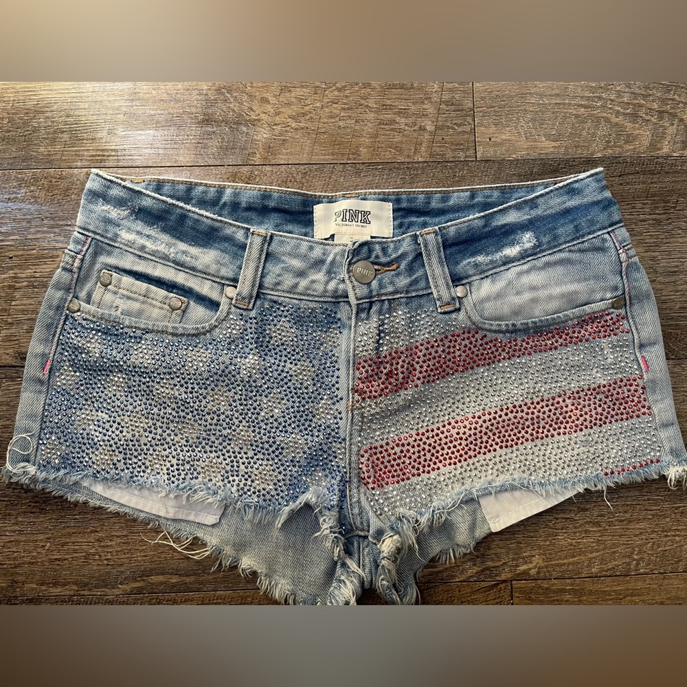 Victoria’s Secret PINK bling American flag print denim shorts size 2